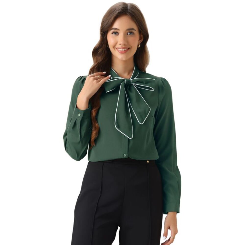 Tie Neck Contrast Color Button Down Long Sleeves Shirt Dark Green